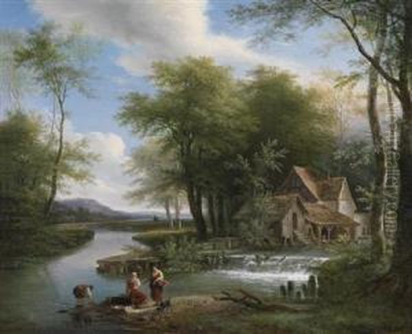 A River Landscape Oil Painting by Louis Etienne Watelet