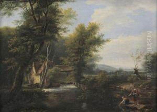 Paysage A La Chaumiere Et Aux Lavandieres Oil Painting by Louis Etienne Watelet