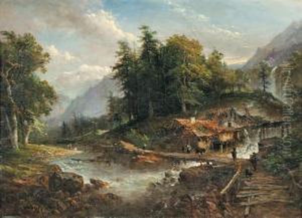 Riviere Et Cascade Descendant A Travers Lamontagne Oil Painting by Louis Etienne Watelet