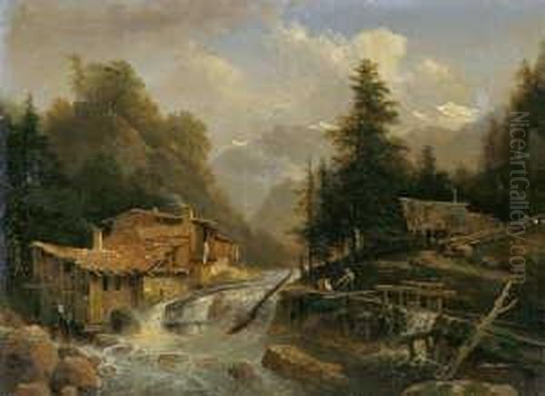 Gebirgslandschaft Mit Muhle Am
 Bach.

 Signiert Unten Links: Watelet.

 Ol Auf Leinwand. H 24; B Oil Painting by Louis Etienne Watelet