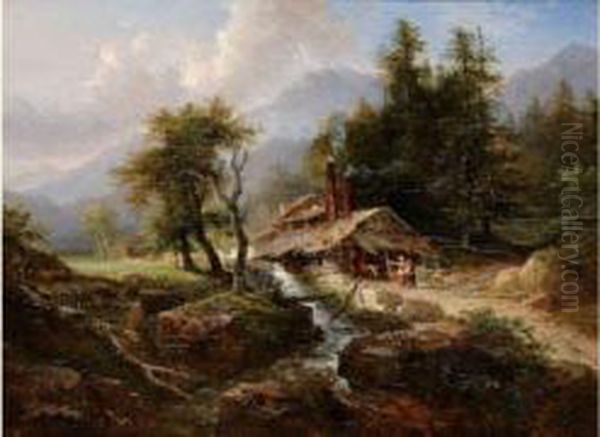 Chalet De Montagne Au Bord D'un Torrent Oil Painting by Louis Etienne Watelet