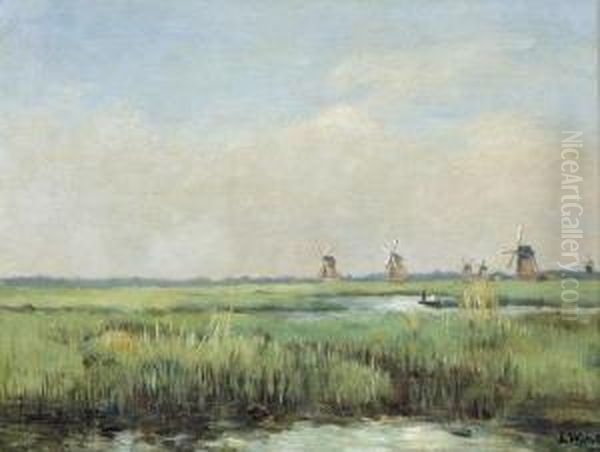 Hollandische Auenlandschaft Mit Windmuhlen. Oil Painting by Louis-Francois-V. Watelin