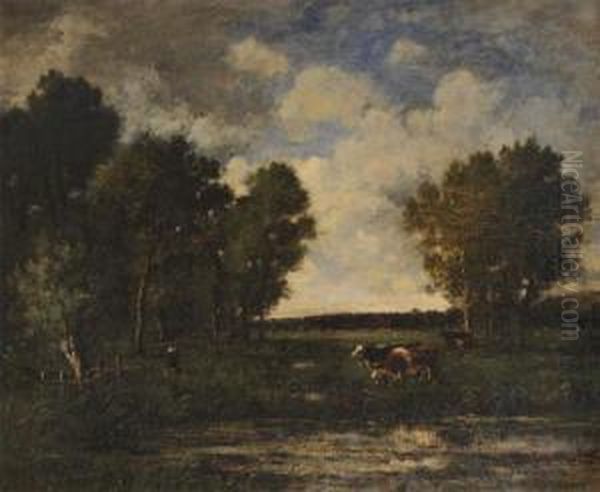 Farmer's Wife With Cows Near The Swamp Oil Painting by Louis-Francois-V. Watelin