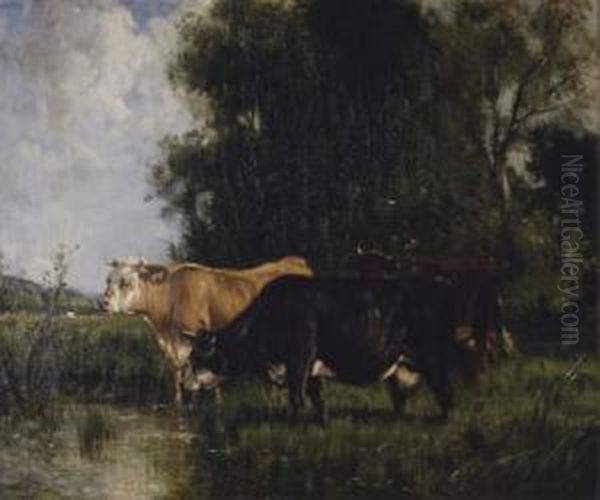 Cattle Watering By A Pond Oil Painting by Louis-Francois-V. Watelin