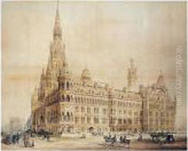 A Perspective Drawing Of Manchester Town Hall Oil Painting by Alfred Waterhouse