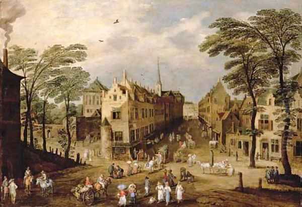 A town landscape with company, townsfolk and wagoners Oil Painting by Jan The Elder Brueghel