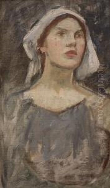 Portrait Of A Womanwearing A Blue Dress And A White Bonnet Oil Painting by John William Waterhouse