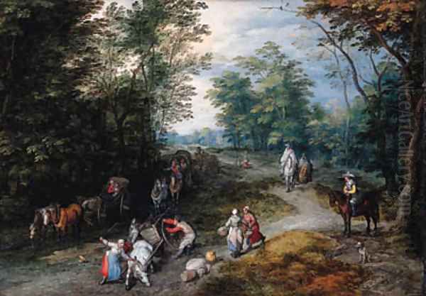 A wooded landscape with travellers Oil Painting by Jan The Elder Brueghel