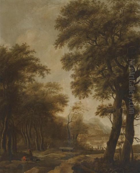 Figures In A Wooded River Landscape Oil Painting by Anthonie Waterloo