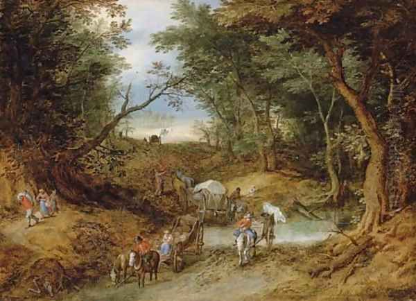 A wooded landscape with travellers on a path Oil Painting by Jan The Elder Brueghel