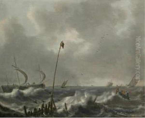 Ships Off A Jetty In A Rough Sea Oil Painting by Denys Waterloo