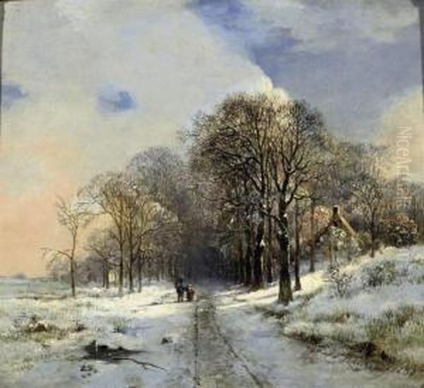 A Snow Covered Forest Path Oil Painting by Joannes Petrus Waterloo