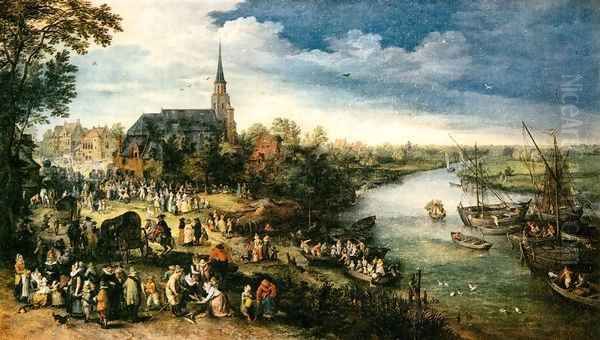 Fair at a Riverside Village Oil Painting by Jan The Elder Brueghel