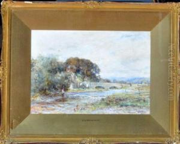 River Scene With An Angler Near A Bridge Oil Painting by Ernest Albert Waterlow