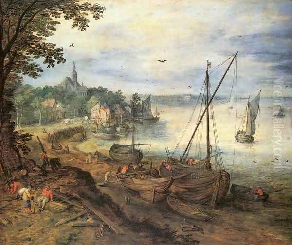 River Landscape with Lumbermen Oil Painting by Jan The Elder Brueghel