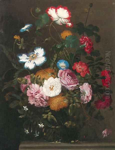 Roses, carnations, dahlias, morning glory and other flowers in a vase on a stone ledge Oil Painting by Jan The Elder Brueghel