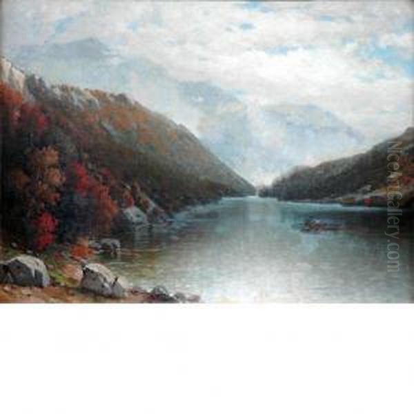 Boaters On A Lake, The Adirondacks Oil Painting by George W. Waters