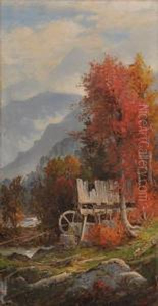 Autumn Landscape With Old Mill Oil Painting by George W. Waters