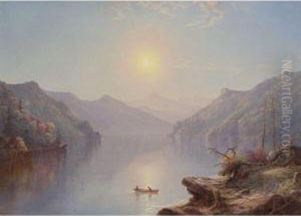 River Landscape At Daybreak Oil Painting by George W. Waters