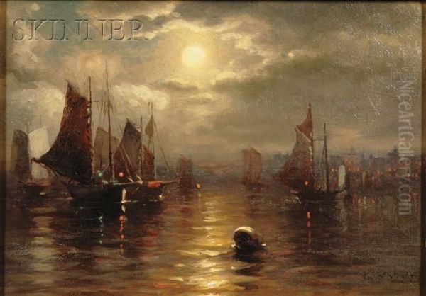 Moonlit Harbor Oil Painting by George W. Waters