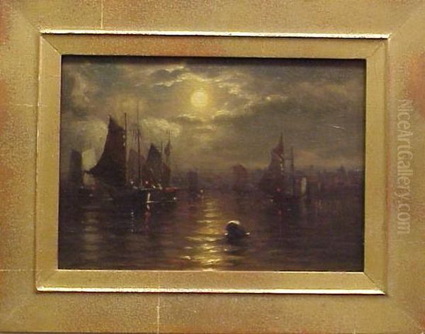 Moonlit Bay With Sailing Ships Oil Painting by George W. Waters