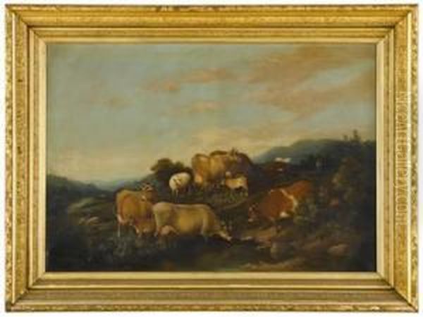 Cows And Sheep On A Hillock Oil Painting by Susan C. Waters