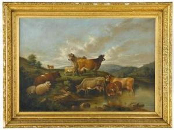 Cows At A Stream Oil Painting by Susan C. Waters