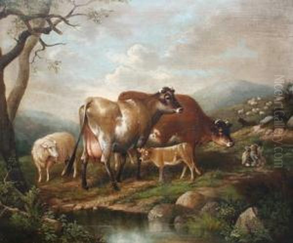 Landscape With Cows And Sheep Oil Painting by Susan C. Waters