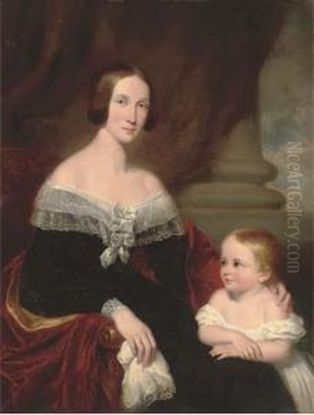 Portrait Of A Mother And Child, Seated Three-quarter-length, Themother In A Black Dress With Lace Trim And A Red Cloak, The Childin A White Dress, In An Interior Oil Painting by W.R. Waters