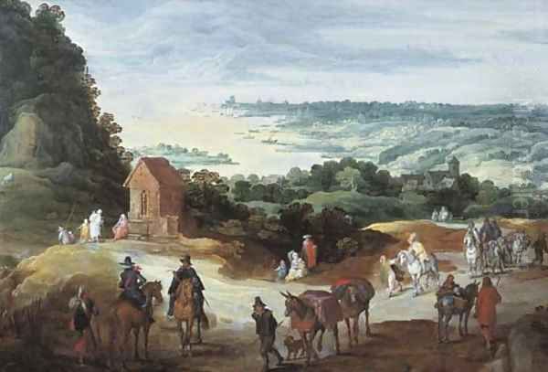 An extensive river landscape with travellers on a path Oil Painting by Jan The Elder Brueghel