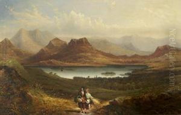 Two Figures On A Path In The Mountainous Landscape With Lake Oil Painting by Bartholomew Colles Watkins