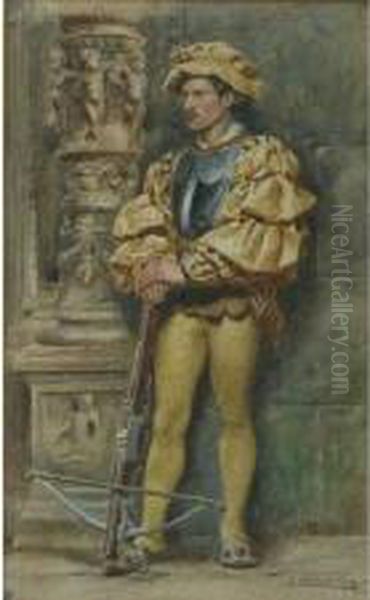 Elizabethan Soldier Beside A Carved Column Oil Painting by John Watkins