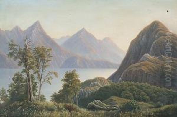 A Mountainous New Zealand Landscape Oil Painting by William Clayton N. Watkins