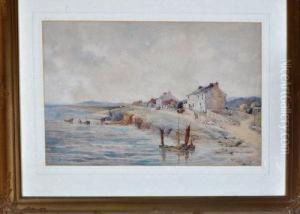 A Fishing Village With Figures And Animals On The Main Road Oil Painting by H. Watkinson