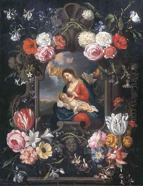 The Virgin and Child in a carved stone cartouche surrounded by flowers Oil Painting by Jan The Elder Brueghel