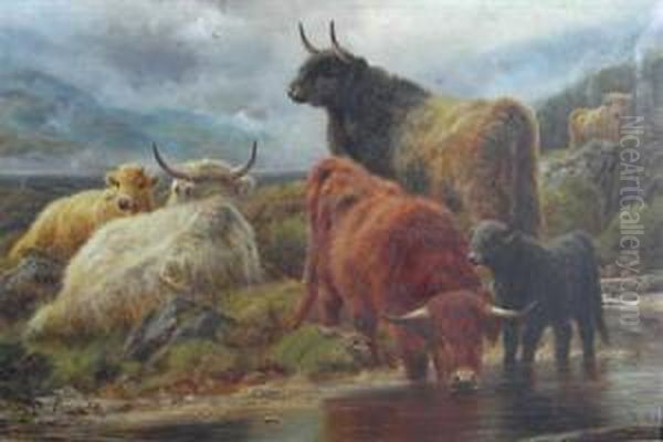 Highland Cattle At The Watering Place Oil Painting by Charles A. Watson