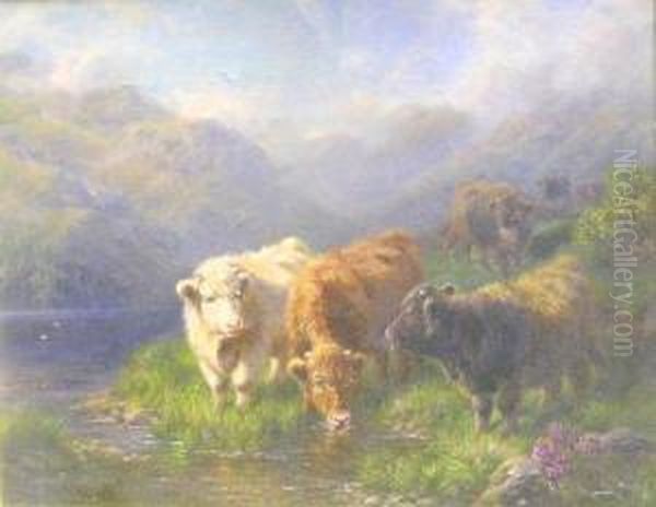 Young Highland Cattle In Landscape Oil Painting by Charles A. Watson