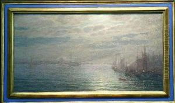 Ships In Moonlit Harbor Oil Painting by Charles A. Watson