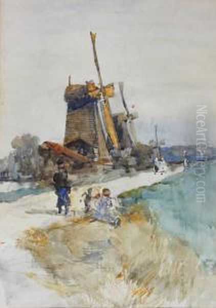 Children By A Windmill Oil Painting by Charles John Watson