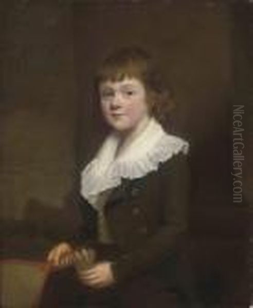 Portrait Of A Young Boy, Traditionally Identified As George Edwardrussell , Three-quarter-length, In A Green Jacket Andwhite Shirt, Before A Column, Holding A Battledore And Ashuttlecock, A Landscape Oil Painting by George C. Watson