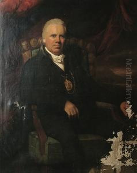 Portrait Of A Gentleman Seated, Wearing A Chain Of Office, Believed To Be William Rankin, Dean Of Guild, In Edinburgh, A Highland Landscape Beyond Oil Painting by George C. Watson