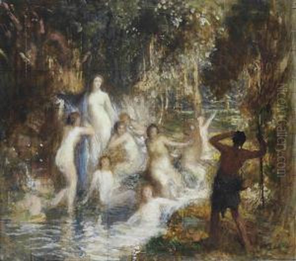 Allegorical Figures In A Stream Oil Painting by George Spencer Watson