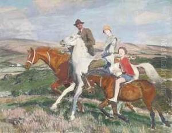 George, Hilda And Mary Riding In Purbeck Oil Painting by George Spencer Watson