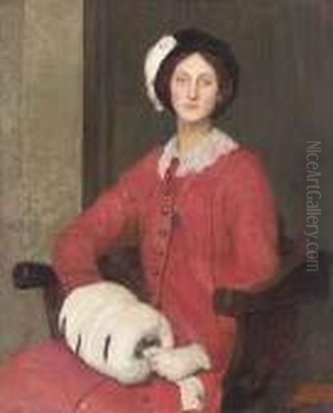 Hilda Spencer Watson, Seated Three-quarter-length, In A Red Coat And Fur Muff Oil Painting by George Spencer Watson