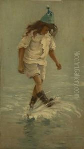 Young Girl Paddling Oil Painting by Harry Watson