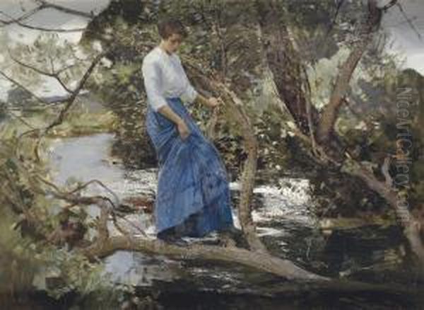 Crossing The Brook Oil Painting by Harry Watson