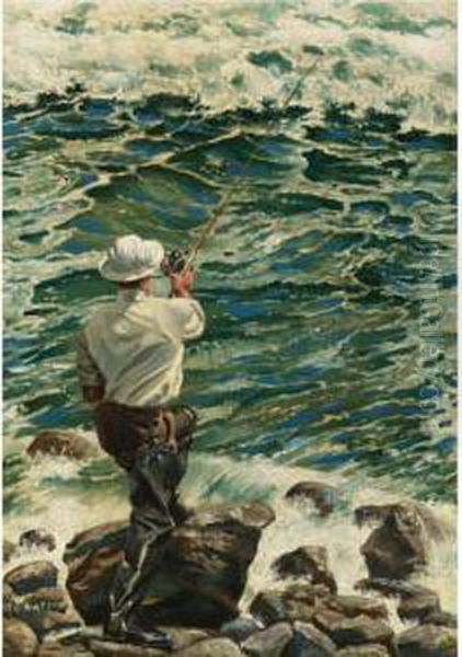 Casting Into The Montauk Surf Oil Painting by Henry Sumner Watson