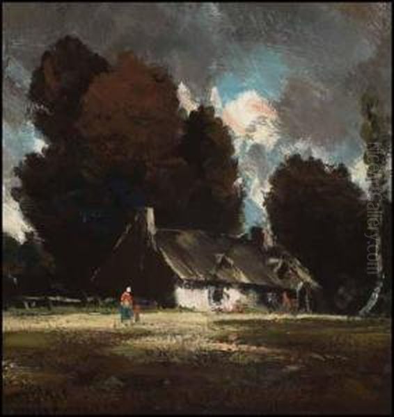 Storm Gathering With Family Outside A Cottage Oil Painting by Homer Ransford Watson