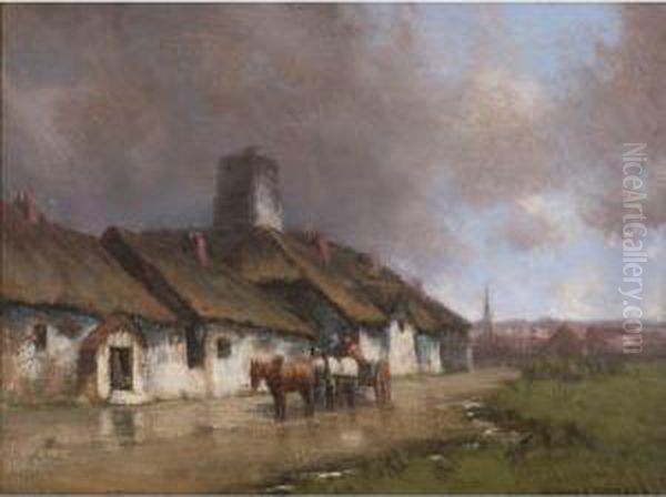 Horse And Cart With Cottage Under Stormy Sky Oil Painting by Homer Ransford Watson