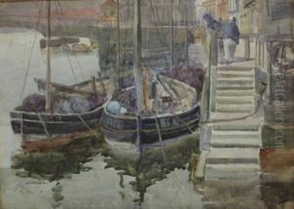 Fishing Boats In Whitby Harbour Oil Painting by James Watson